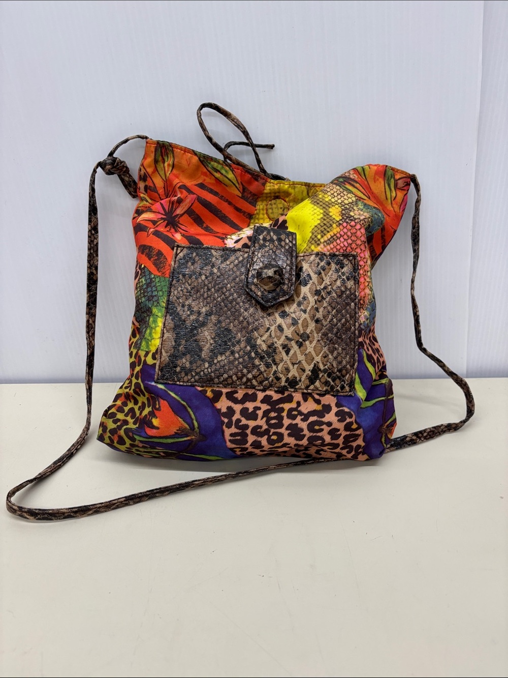 Carlos Falchi Multicolor Animal Print Crossbody Bag with Snakeskin Accent